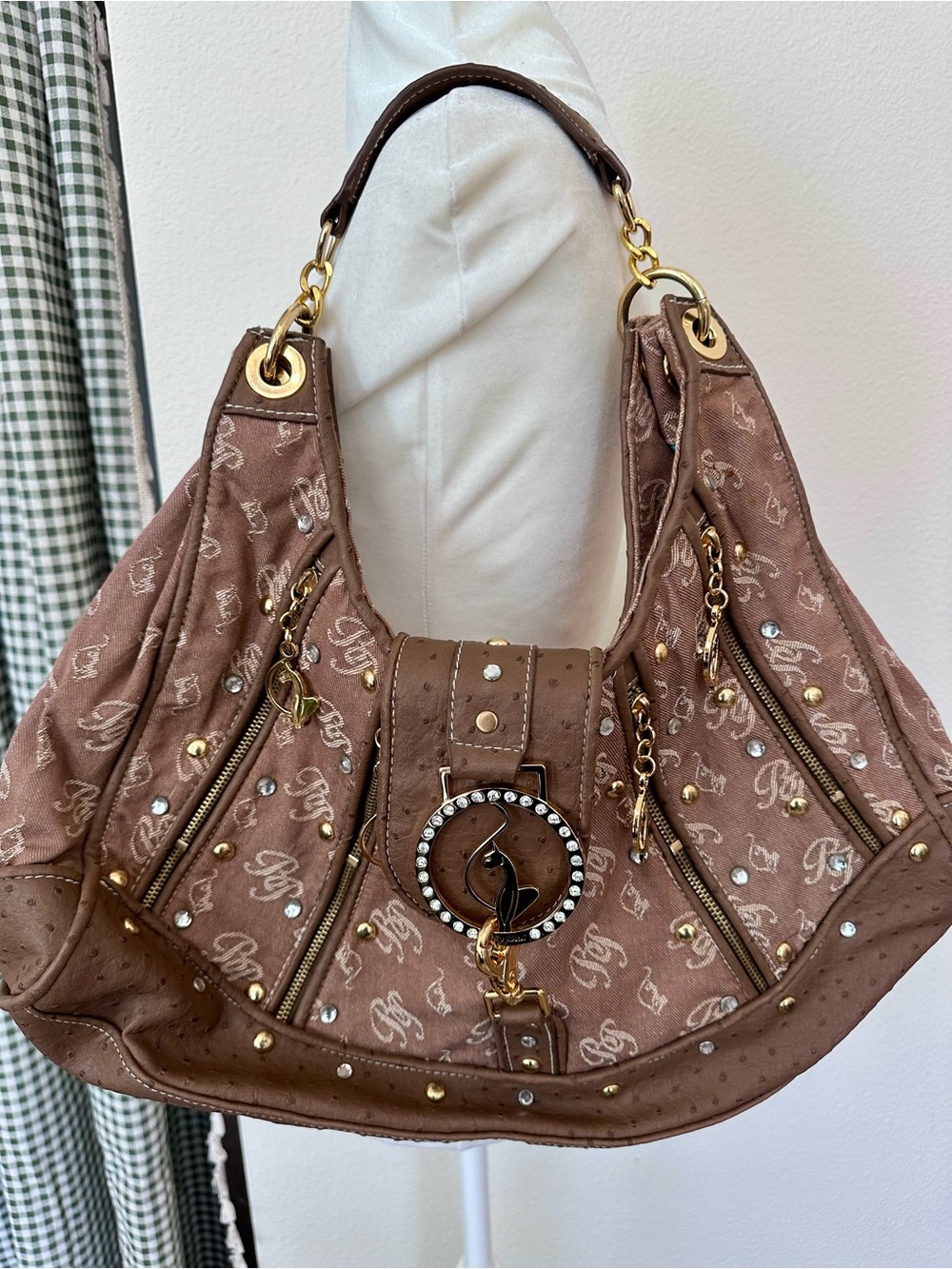 Vintage Baby Phat Y2K Brown Monogram Hobo with Gold Hardware and Crystal Trim